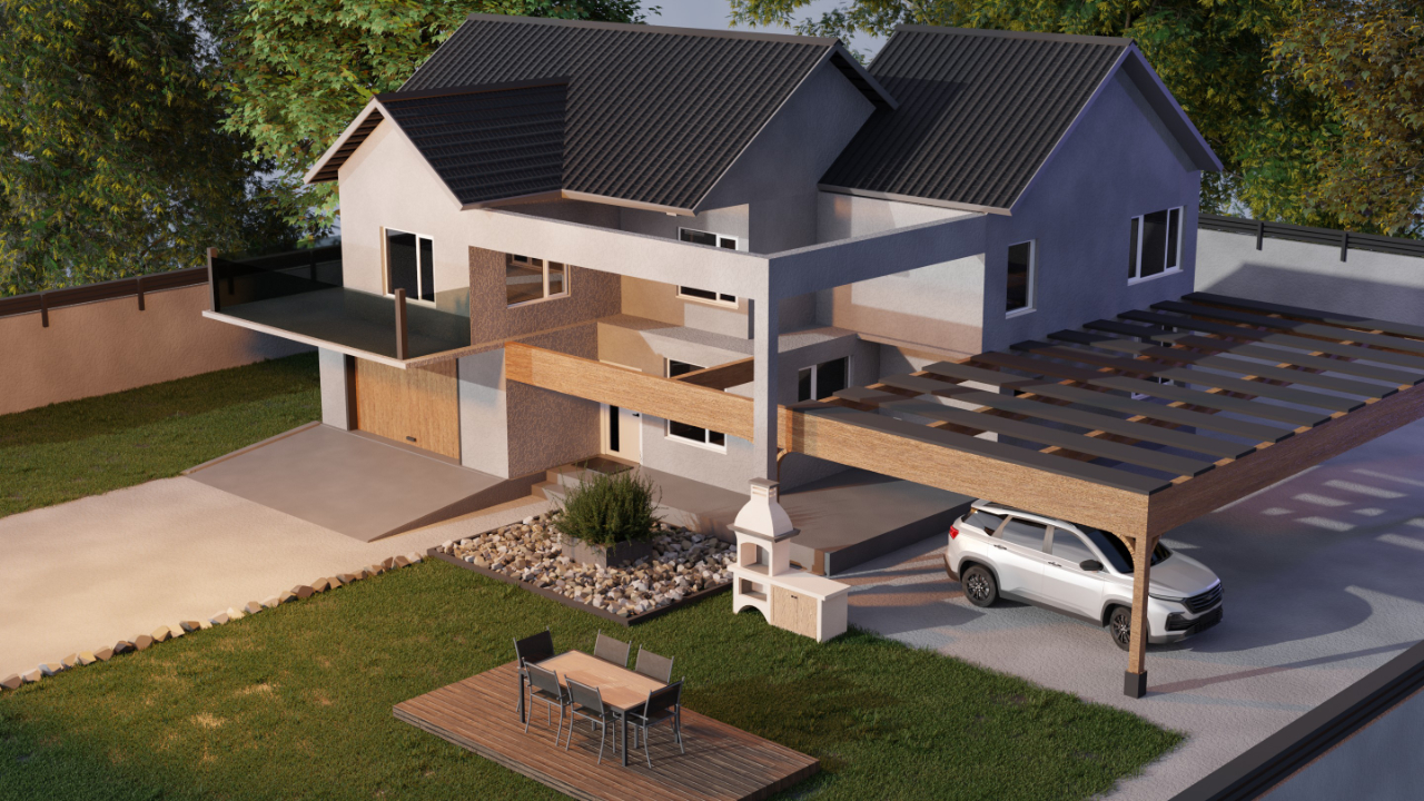  Rendu 3D d'une maison vue depuis le jardin avec
                soleil couchant, barbecue, terrasse